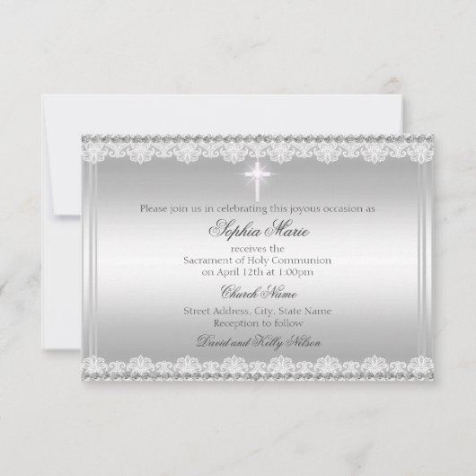 Elegant Pearl Bow & Cross First Holy Communion Einladung (Rückseite)