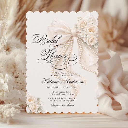 Elegant Pearl Bow Floral Bridal Shower Einladung