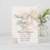 Elegant Pearl Bow Floral Bridal Shower Einladung (Stehend Vorderseite)