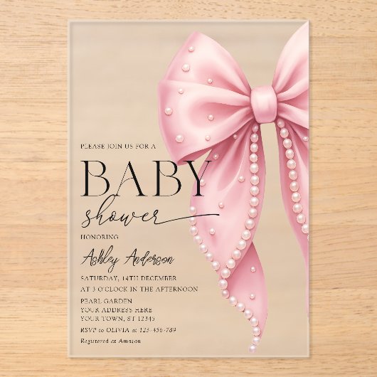 Elegant Pearl Bow Girl Baby Shower Acryleinladungen (Vorderseite)