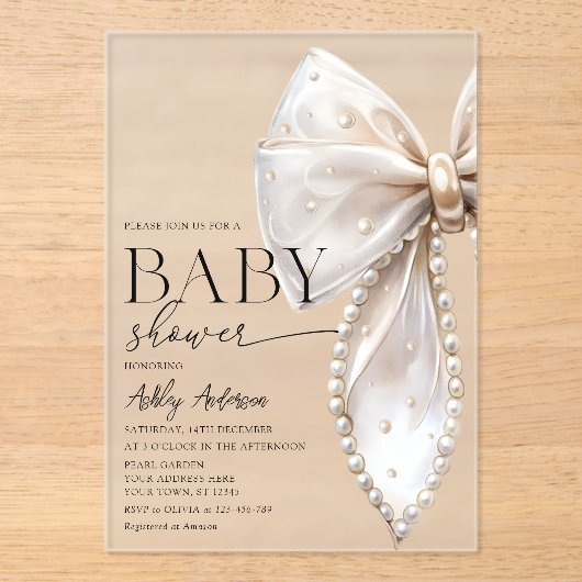 Elegant Pearl Bow Girl Baby Shower Acryleinladungen (Vorderseite)