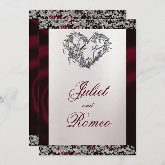 Elegant Pearl, Burgund Ribbon & Sparkle Einladung (Vorne/Hinten)