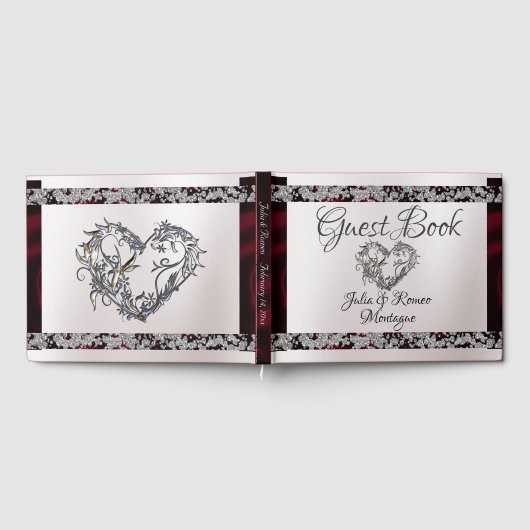 Elegant Pearl, Burgund Ribbon & Sparkle Gästebuch (Voll)