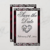 Elegant Pearl, Burgund Ribbon & Sparkle Save The Date (Vorne/Hinten)