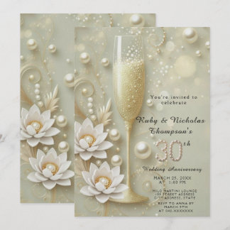 Elegant Pearl & Champagne Glass 30. Wedding Anniv Einladung