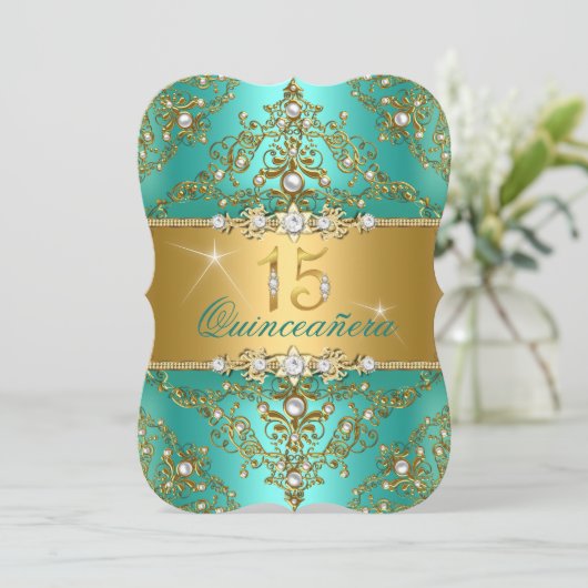 Elegant Pearl Damask Jade Quinceanera Einladung (Stehend Vorderseite)