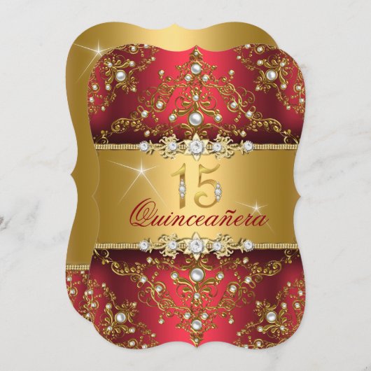 Elegant Pearl Damask Ruby Red Quinceanera Einladung (Vorne/Hinten)