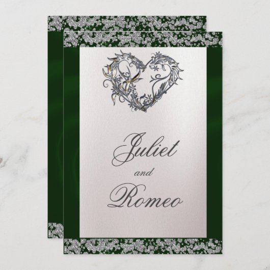 Elegant Pearl, Emerald Ribbon & Sparkle Einladung (Vorne/Hinten)