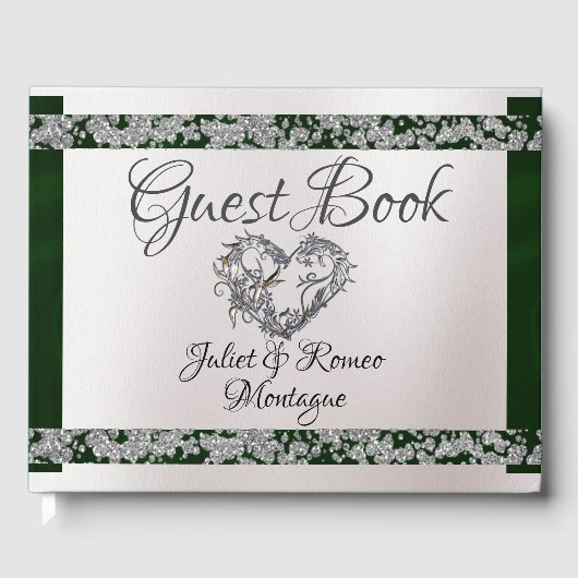 Elegant Pearl, Emerald Ribbon & Sparkle Gästebuch (Vorderseite)