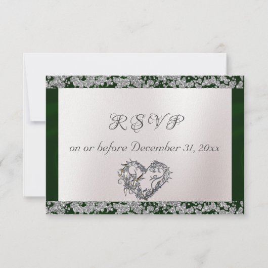 Elegant Pearl, Emerald Ribbon & Sparkle RSVP Karte (Vorderseite)