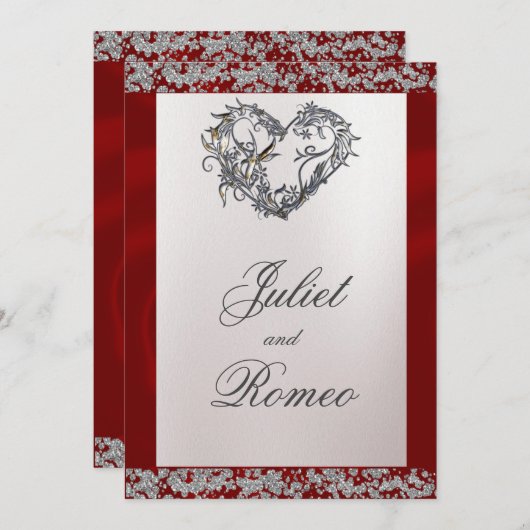 Elegant Pearl, Red Ribbon & Sparkle Einladung (Vorne/Hinten)