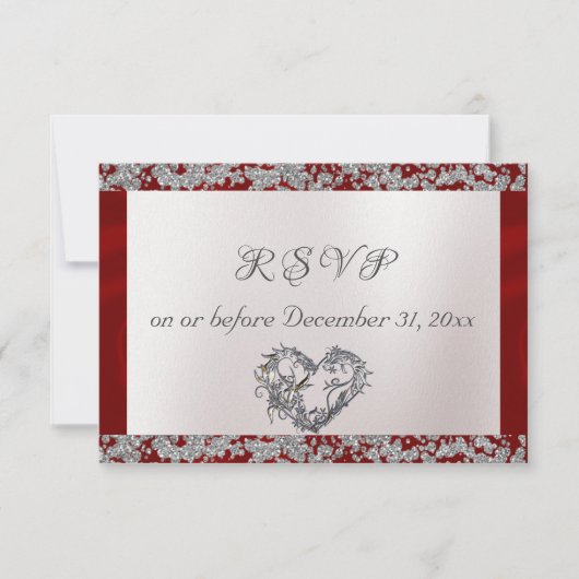 Elegant Pearl, Red Ribbon & Sparkle RSVP Karte (Vorderseite)