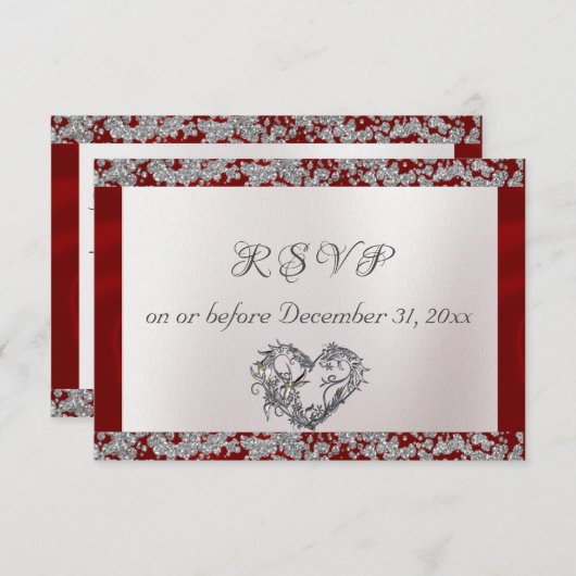 Elegant Pearl, Red Ribbon & Sparkle RSVP Karte (Vorne/Hinten)