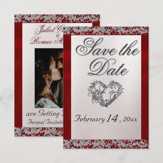 Elegant Pearl, Red Ribbon & Sparkle Save The Date (Vorne/Hinten)