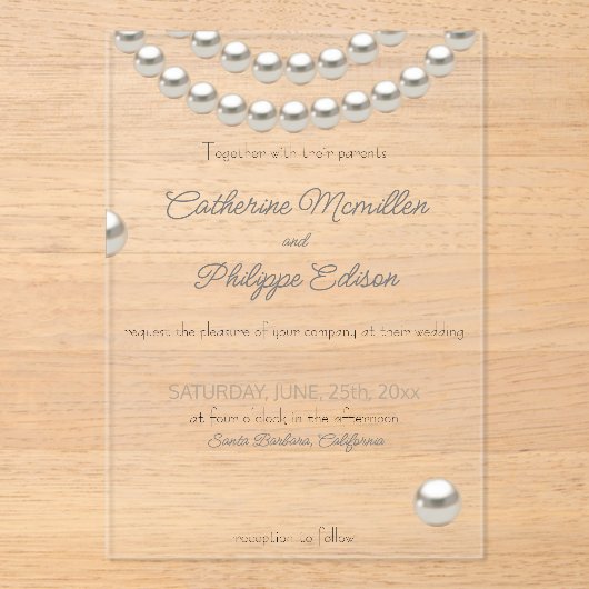 Elegant Pearl String Wedding Einladung Acrylic (Vorderseite)