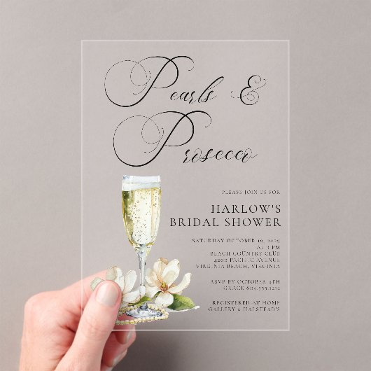 Elegant Pearls and Prosecco Bridal Shower  Acryleinladungen (Insitu (Handheld))