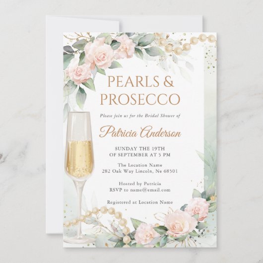 Elegant Pearls and Prosecco Bridal Shower Einladung (Vorderseite)