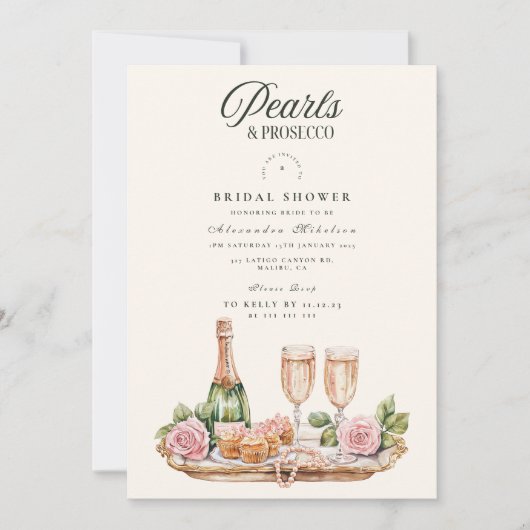 Elegant Pearls and Prosecco Bridal Shower Einladung (Vorderseite)