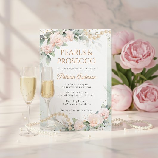 Elegant Pearls and Prosecco Bridal Shower Einladung