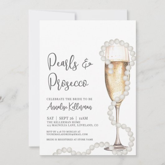 Elegant Pearls & Prosecco Champagne Bridal Shower Einladung (Vorderseite)