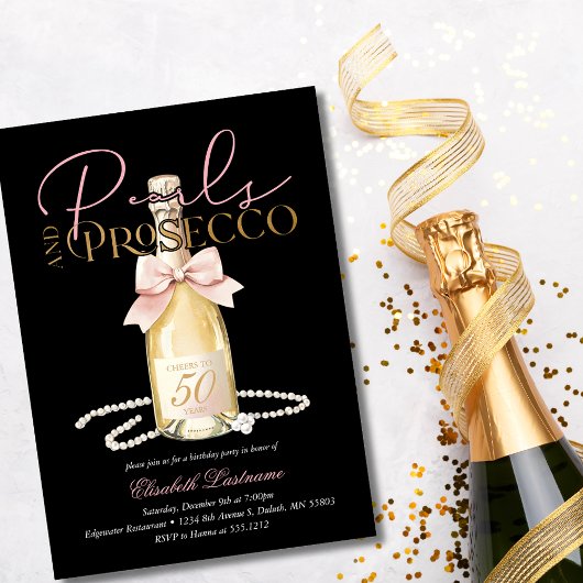 Elegant Pearls & Prosecco Pink Bow 50th Birthday Einladung
