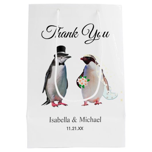 Elegant Penguin Couple Danke für Hochzeit Mittlere Geschenktüte (Rückseite)