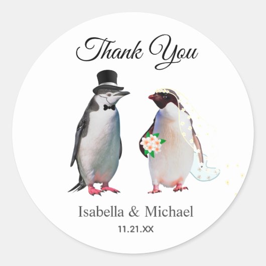 Elegant Penguin Couple Danke für Hochzeit Runder Aufkleber (Vorderseite)