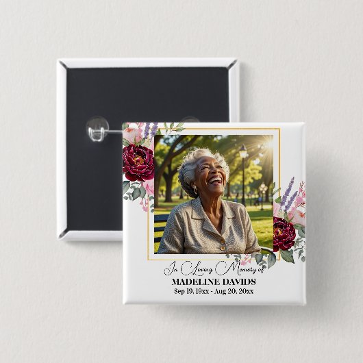Elegant Peonies Photo Funeral Keepsake  Button (Vorne & Hinten)