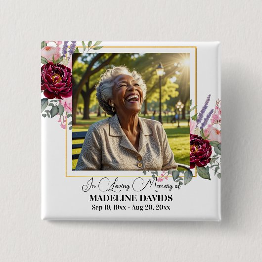 Elegant Peonies Photo Funeral Keepsake  Button (Vorderseite)