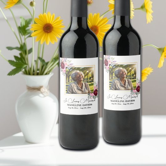 Elegant Peonies Photo Funeral Weinetikett