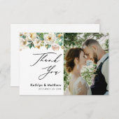 Elegant Peony Floral Greenerity Script Foto Weddin Dankeskarte (Vorne/Hinten)