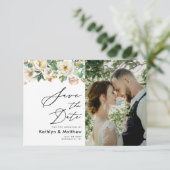 Elegant Peony Floral Greenerity Script Foto Weddin Save The Date (Stehend Vorderseite)