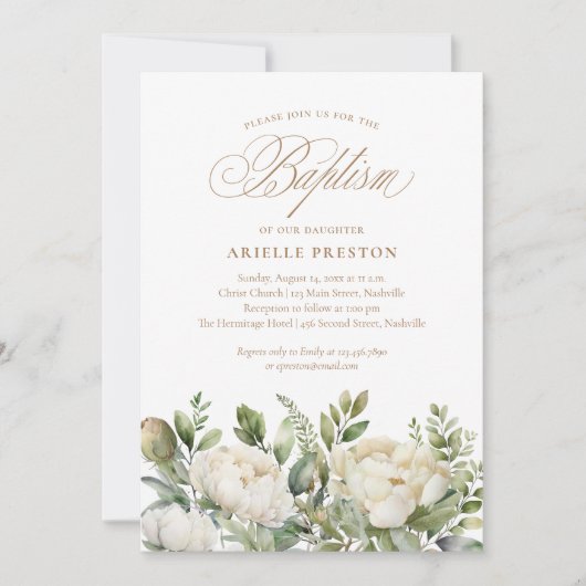 Elegant Peony Floral Script Taufe Einladung (Vorderseite)