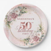 Elegant Peony Greenery Rose Gold 50th Birthday Pappteller (Vorderseite)