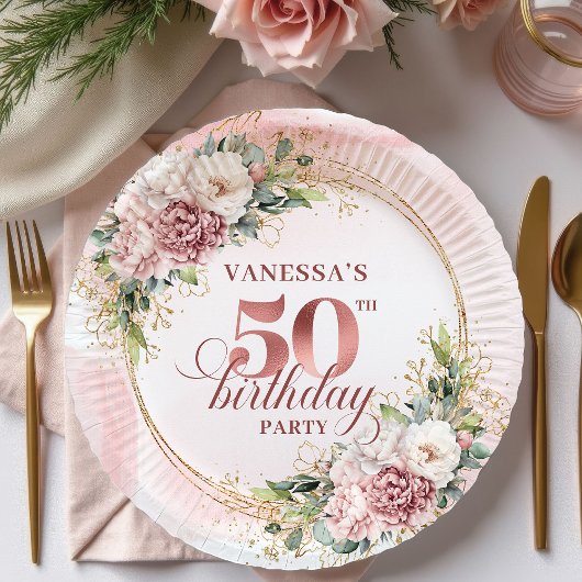 Elegant Peony Greenery Rose Gold 50th Birthday Pappteller