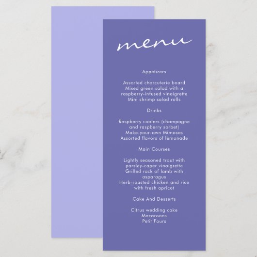 Elegant Periwinkle Blue Calligraphy Wedding Menükarte (Vorne/Hinten)