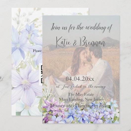 Elegant Periwinkle Clematis Foto QR Code Wedding Einladung (Vorne/Hinten)
