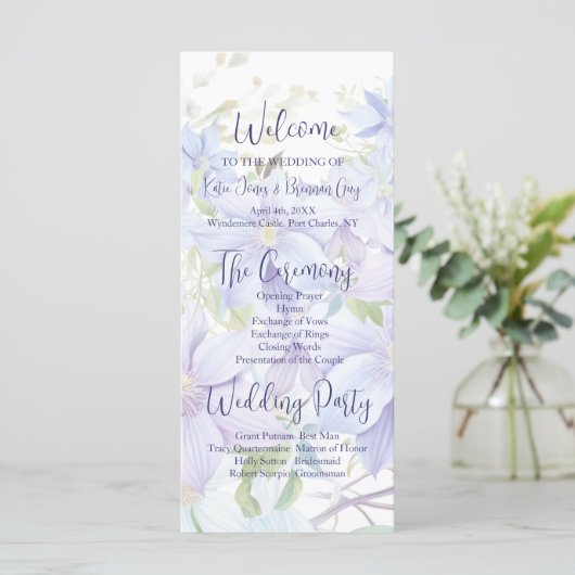 Elegant Periwinkle Clematis Hochzeitsprogramm (Stehend Vorderseite)
