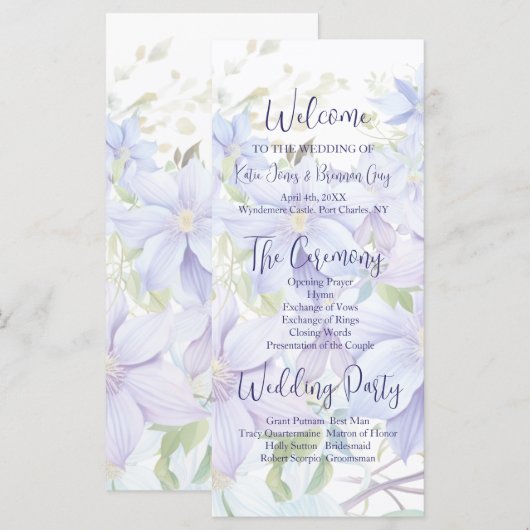 Elegant Periwinkle Clematis Hochzeitsprogramm (Vorne/Hinten)