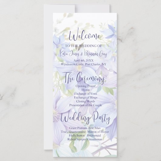 Elegant Periwinkle Clematis Hochzeitsprogramm (Vorderseite)