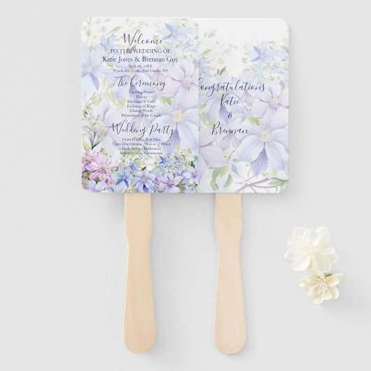 Elegant Periwinkle Clematis Hochzeitsprogramm Fächer (Vorne und Hinten)