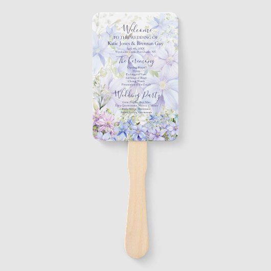 Elegant Periwinkle Clematis Hochzeitsprogramm Fächer (Vorderseite)