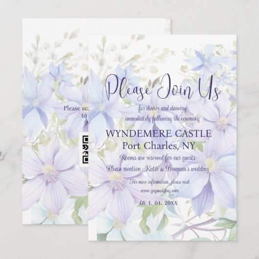 Elegant Periwinkle Clematis QR Code Wedding Begleitkarte (Vorne/Hinten)