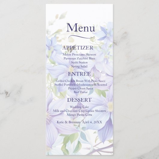 Elegant Periwinkle Clematis Wedding Menu Menükarte (Vorderseite)