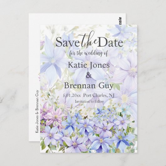 Elegant Periwinkle Clematis Wedding Save the Date Postkarte (Vorne/Hinten)
