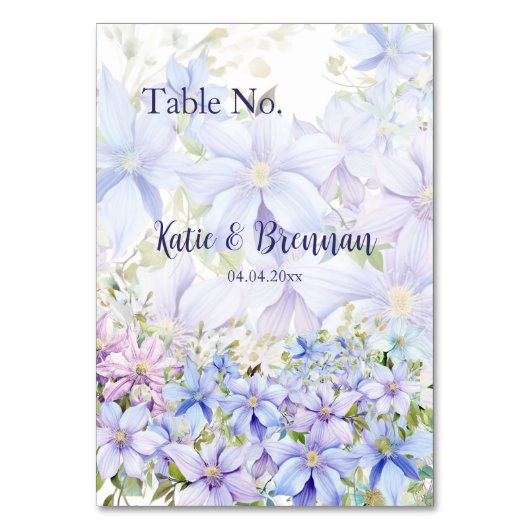 Elegant Periwinkle Clematis Wedding Tischnummer (Vorderseite)