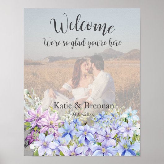 Elegant Periwinkle Clematis Wedding Welcome Foto Poster (Vorne)