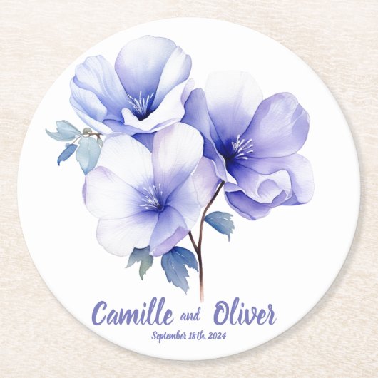 Elegant Periwinkle: Personalisierte Hochzeiten Unt Runder Pappuntersetzer (Vorderseite)