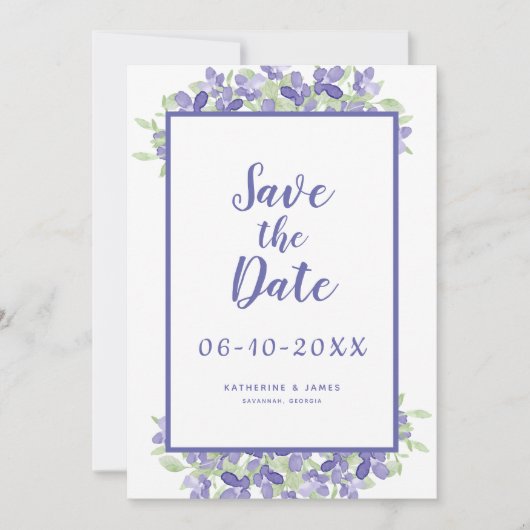 Elegant Periwinkle Wasserfarbe Blumenziton Save The Date (Vorderseite)