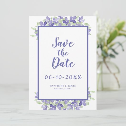 Elegant Periwinkle Wasserfarbe Blumenziton Save The Date (Stehend Vorderseite)